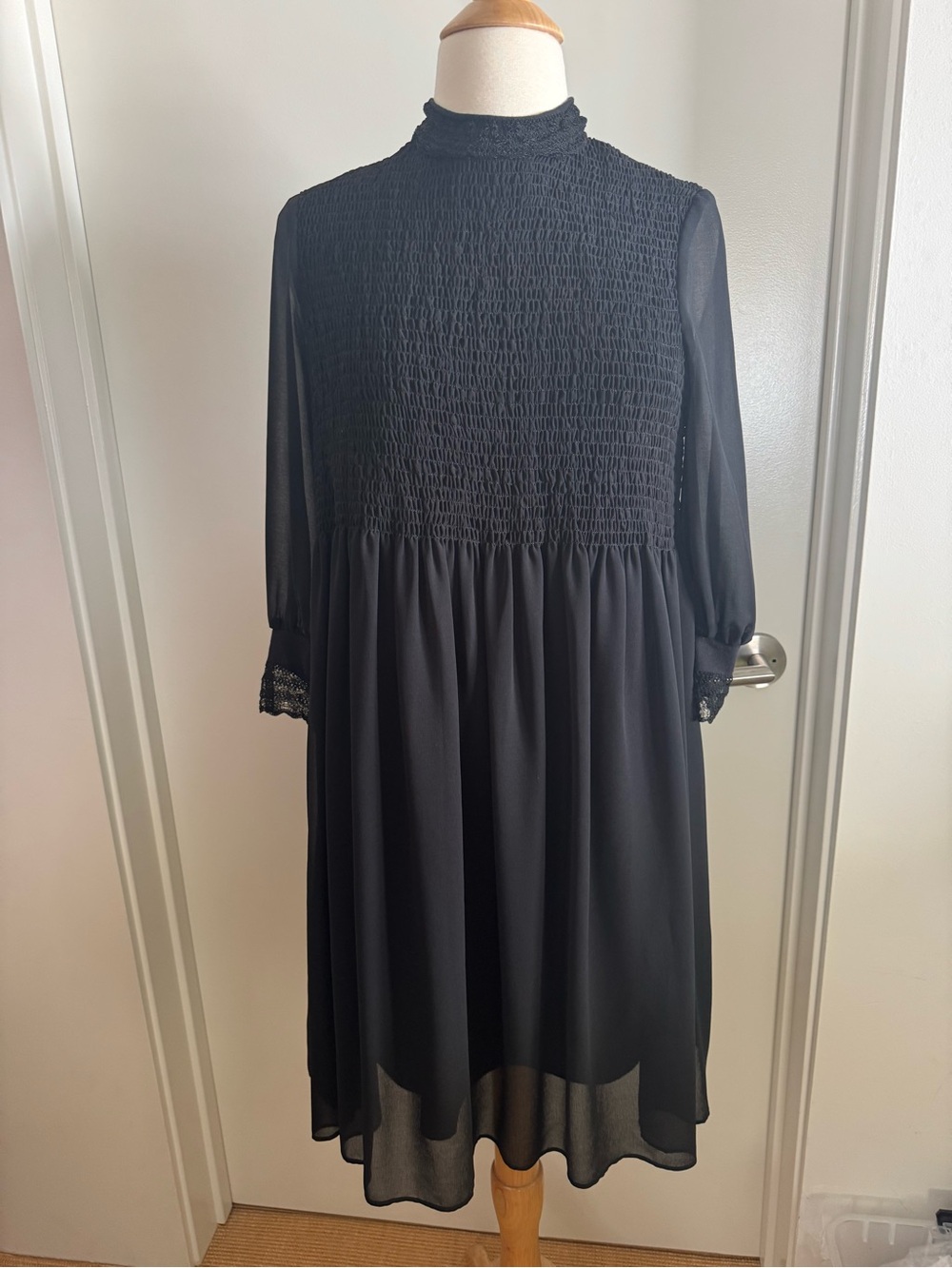 Sandro Black Smocked High-Neck Sheer-Sleeve Midi Dress